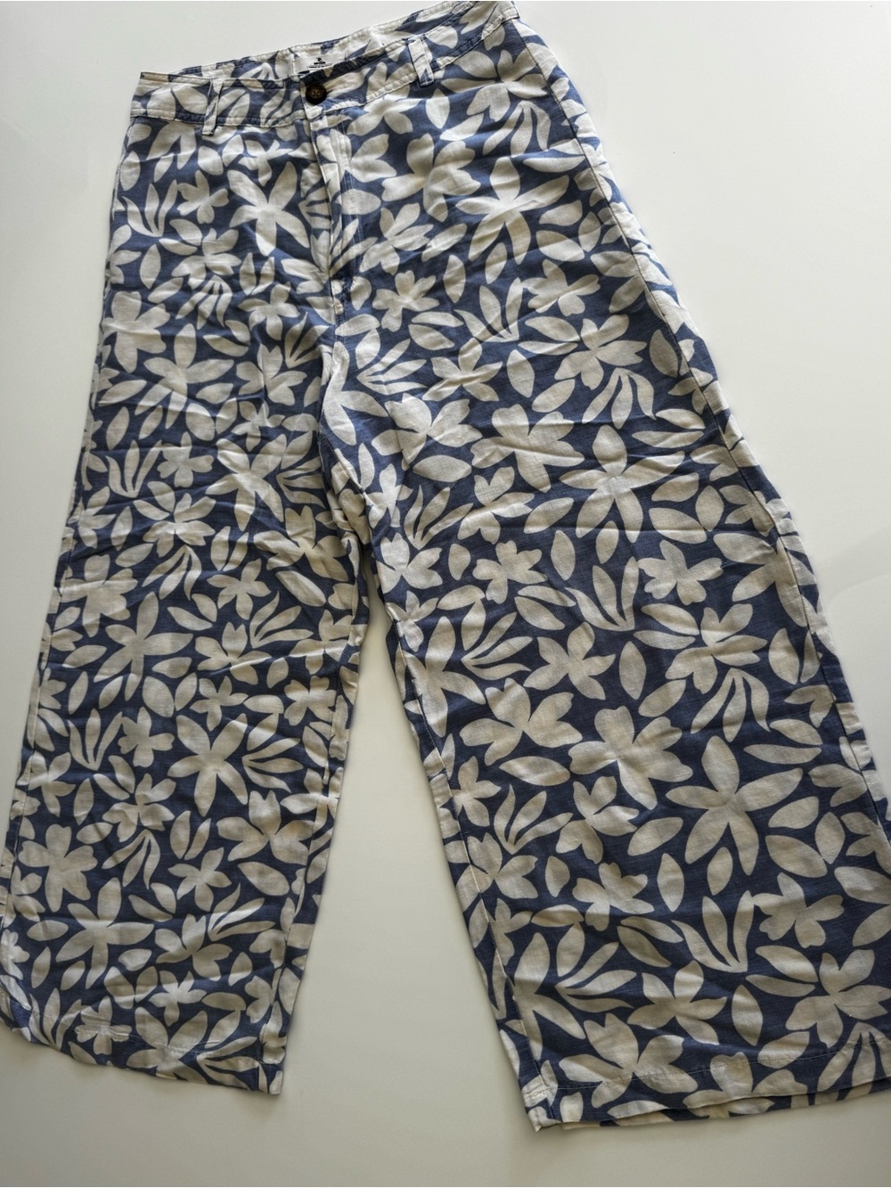 Rip Curl Blue White Floral Print Wide Leg Linen Pants Boho Beach Resort